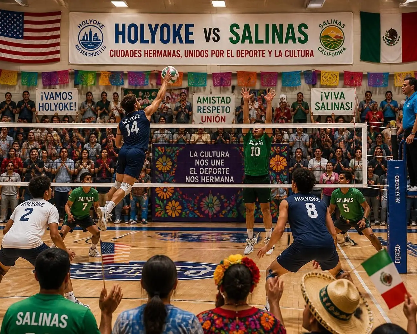 holyoke y salinas se enfrentan en el emocionante segundo partido anual de voleibol entre ciudades hermanas, fortaleciendo la amistad y la competencia deportiva.