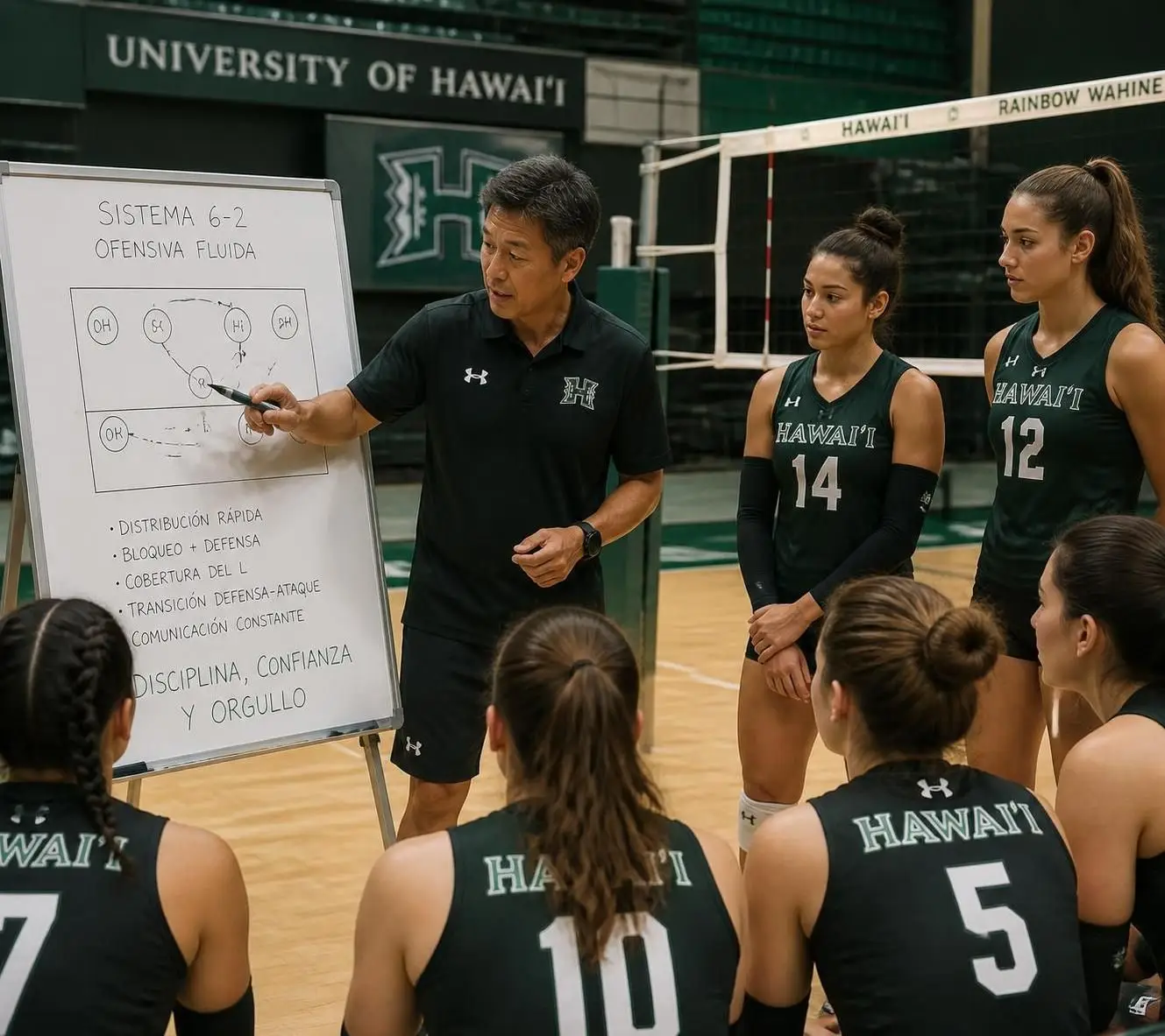 kanetake, nuevo asistente de voleibol femenino, busca transmitir su pasión por la universidad de hawái al equipo, inspirando dedicación y compromiso en sus jugadoras.
